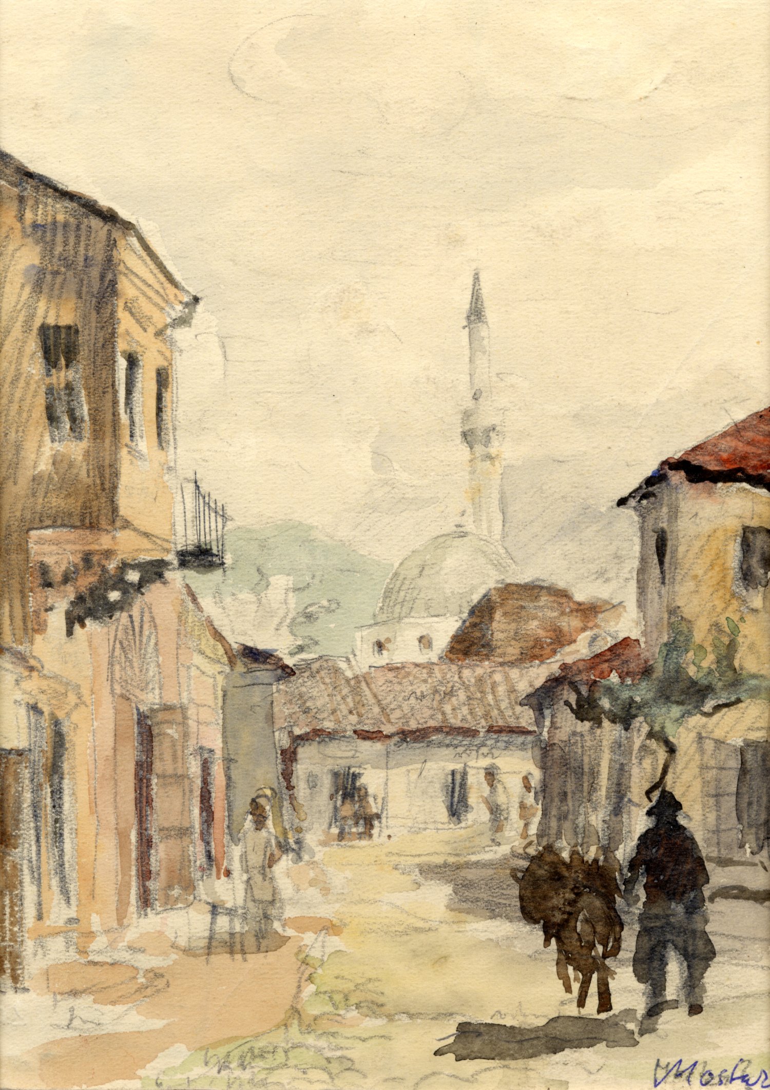 Wilhelm Maier-Solgk, Straßenszene in Mostar, um 1944, Aquarell auf Papier, Inv.-Nr. 0190-2007 © Bayerisches Armeemuseum