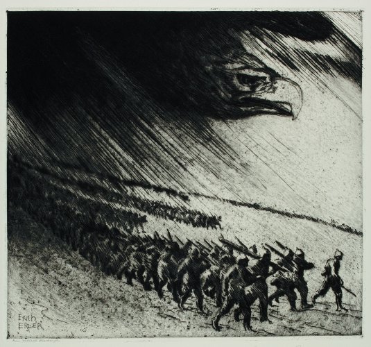 Erich Erler, Vormarsch, 1915, Radierung, 32,4 x 35,1 cm, © LETTER Stiftung, Köln